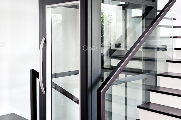 global projects Cibes Home Lift ลิฟท์บ้าน black and white classic middle of stairs