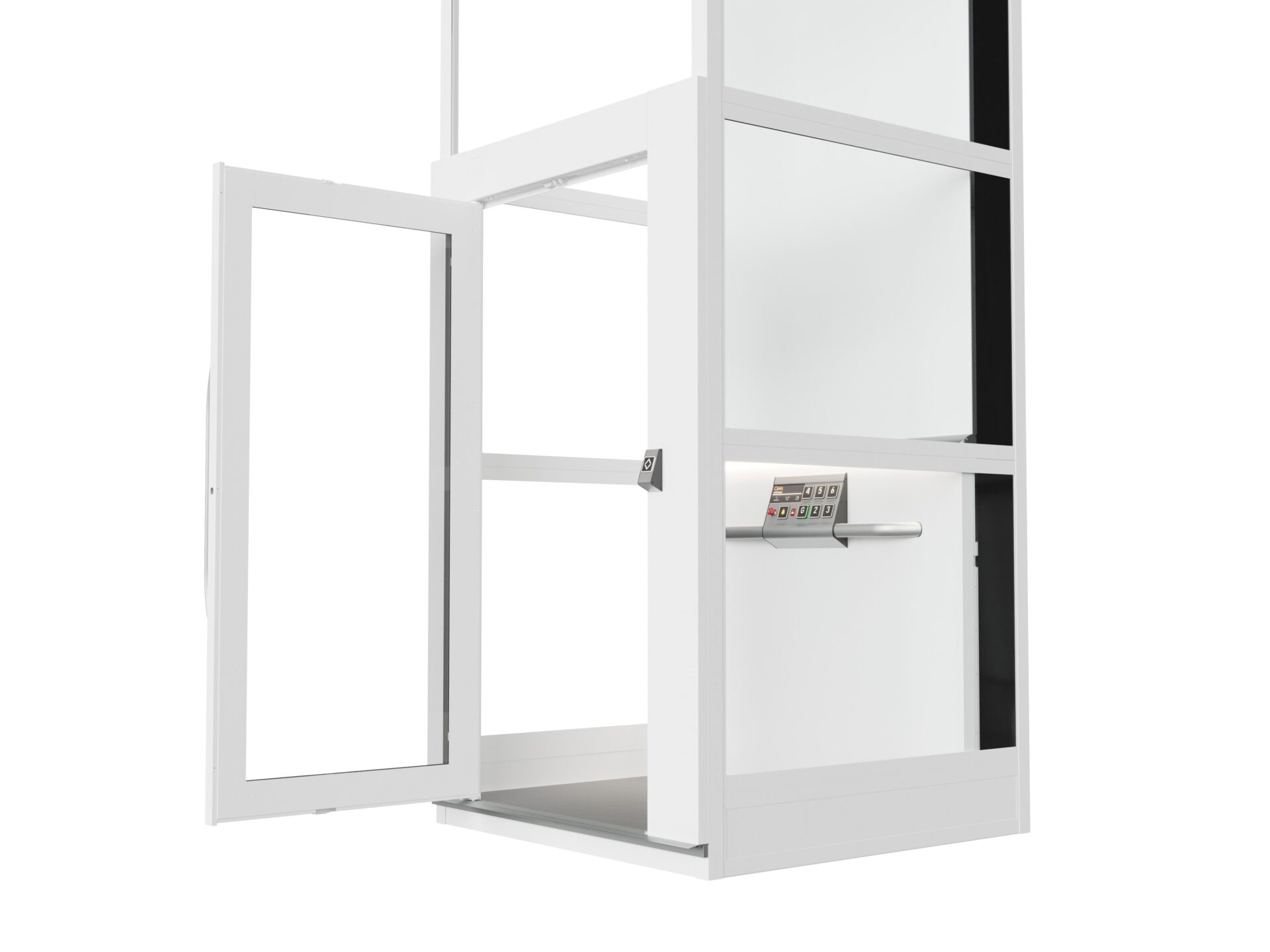 Cibes Home lift 2023 Lifestyle 030 0101 ONE Basic Std GreyIron 3200D8 OrganicSignalWhite with glass metal door opened