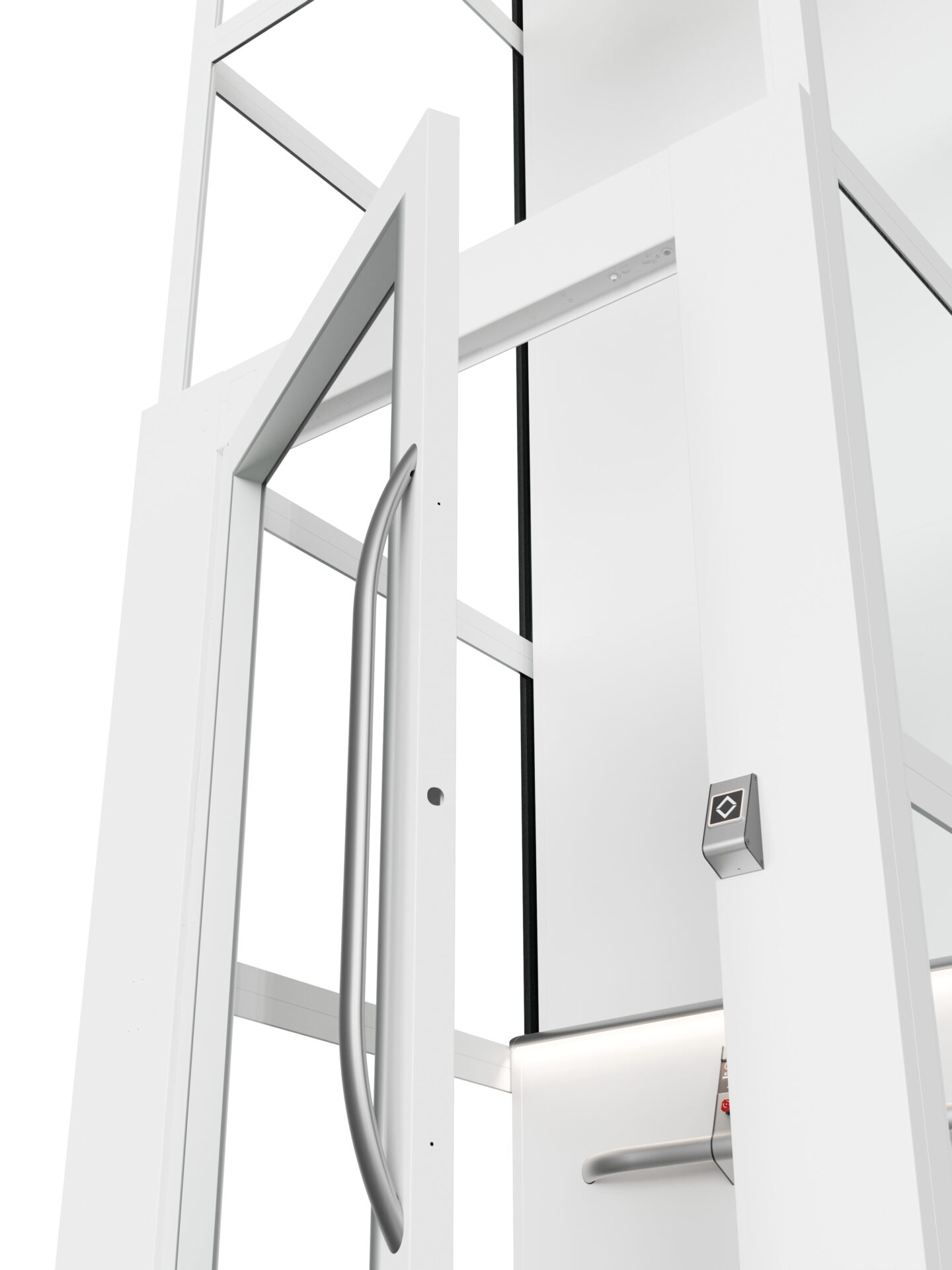 Cibes Home lift 2023 Lifestyle 030 0101 ONE Basic Std GreyIron 3200D8 OrganicSignalWhite with glass metal door opened zoom