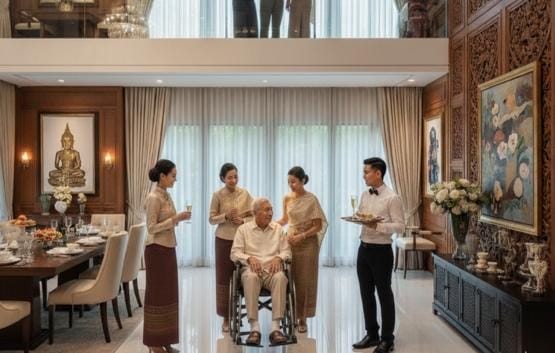 home lift Cibes สำหรับบ้านไทยหลายเจเนอเรชัน — ห้องรับประทานอาหารสไตล์ไทยร่วมสมัยพร้อมผู้สูงอายุใช้วีลแชร์